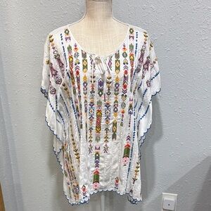 Vintage White Embroidered Tie-Front Boho Tunic with Multicolor Accents